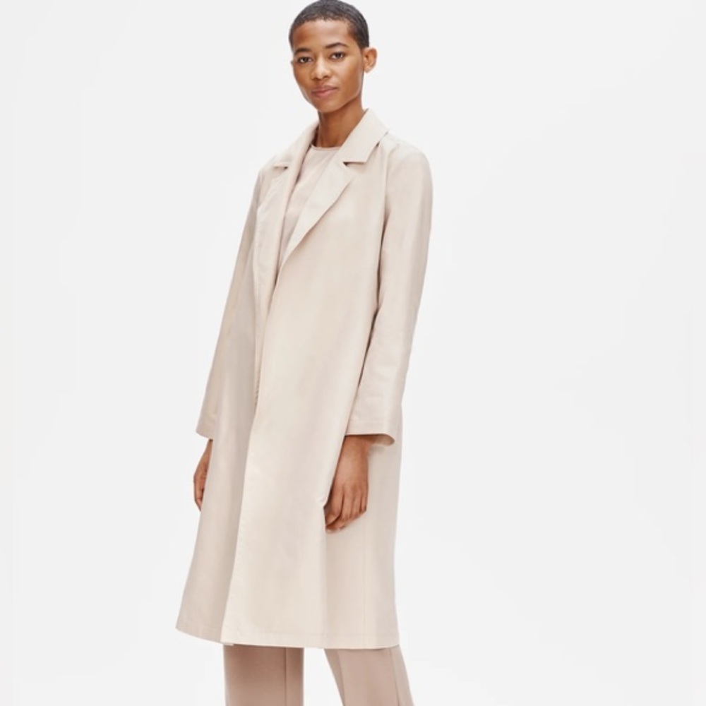 Eileen Fisher Ivory Cream Career Chic Twill Minimalist Trench Coat Size Large L